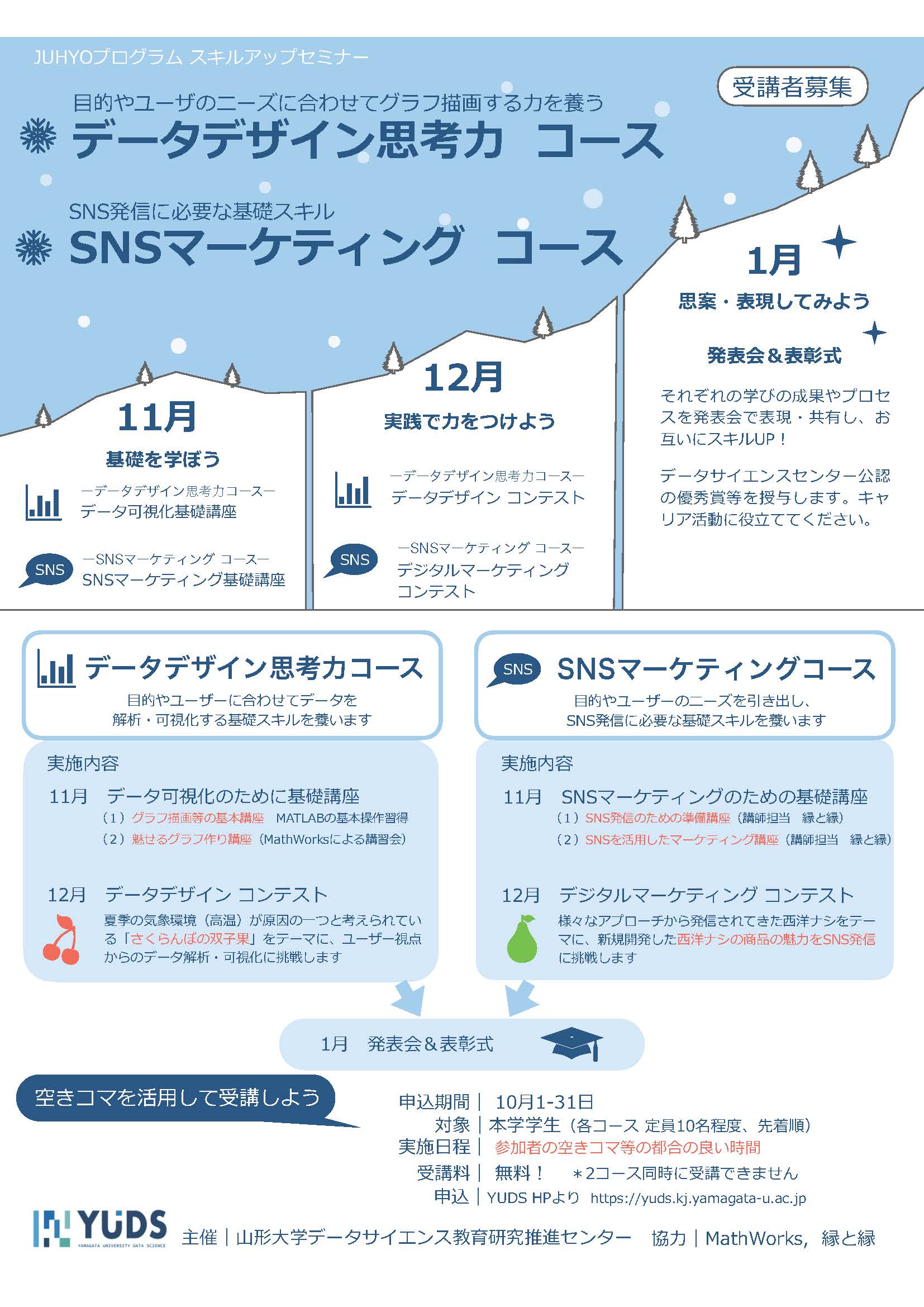 11/1（金） ~ 1/31（金）<br>【参加者募集｜申込締切10/31】JUHYOプログラム『データデザイン思考力コース』＆『SNSマーケティングコース』！